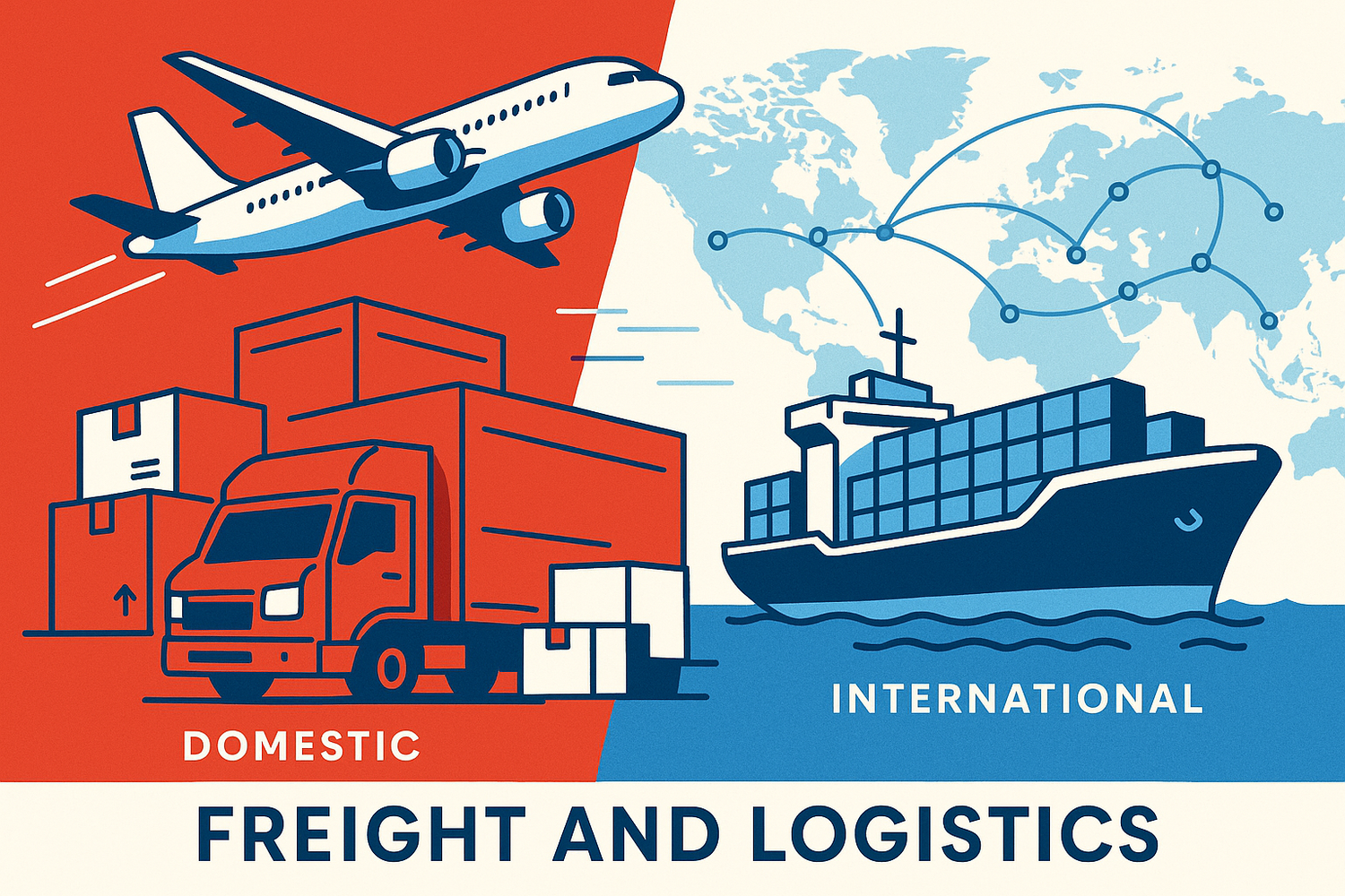 Domestic and international freight service in red and blue